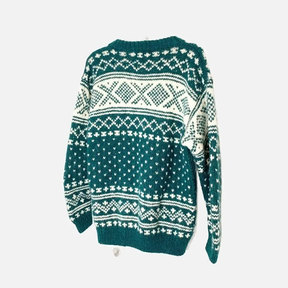 Vintage Joseph Anthony Collection Handknitted Wool Cardigan Sweater Green Cream